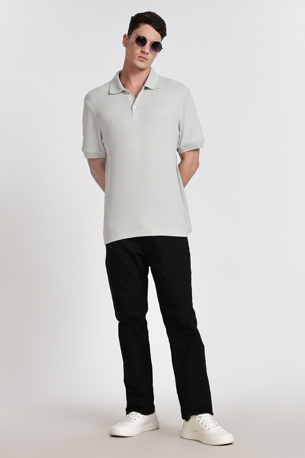 GREY REGULAR FIT WAFFLED POLO SHIRT
