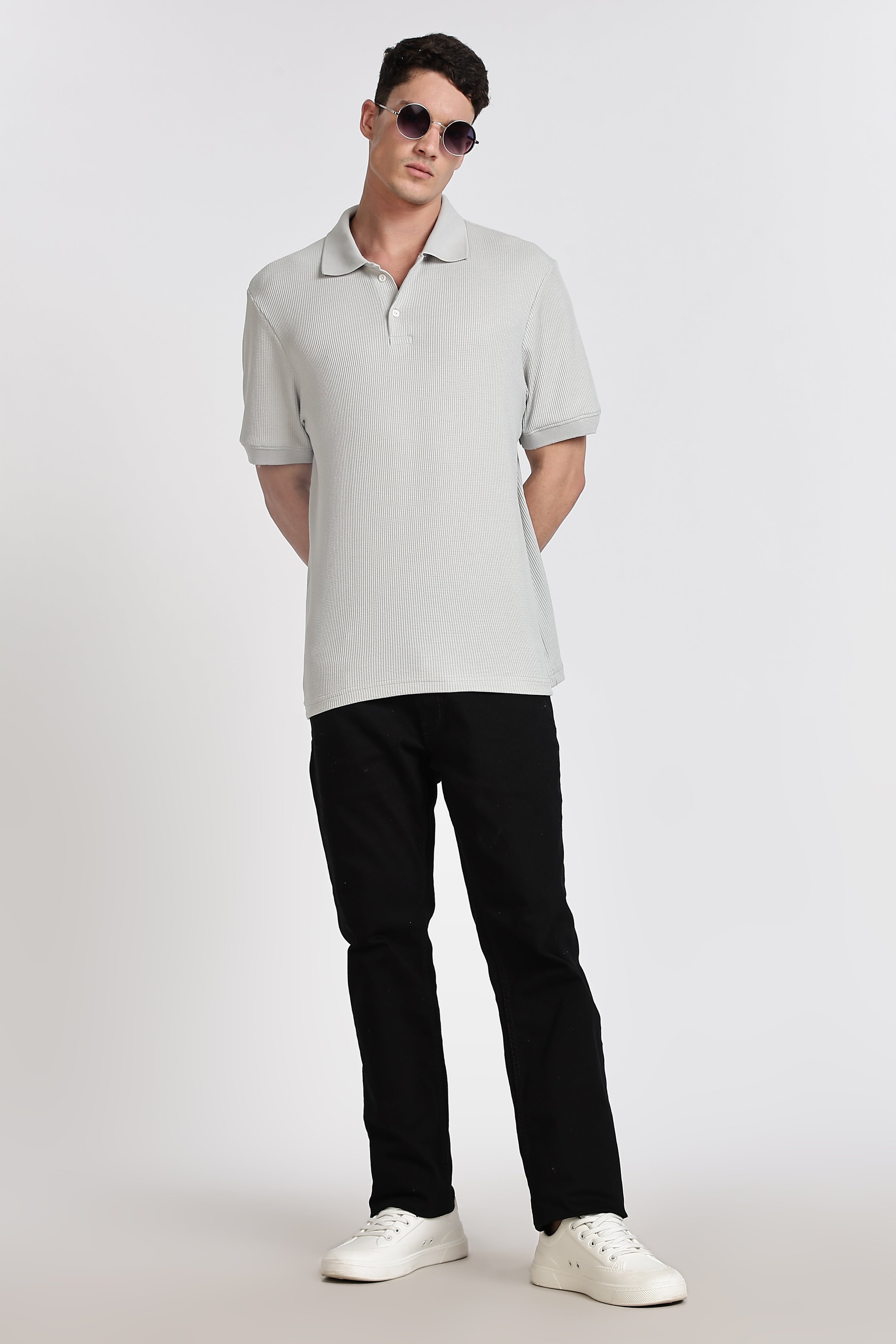 GREY REGULAR FIT WAFFLED POLO SHIRT