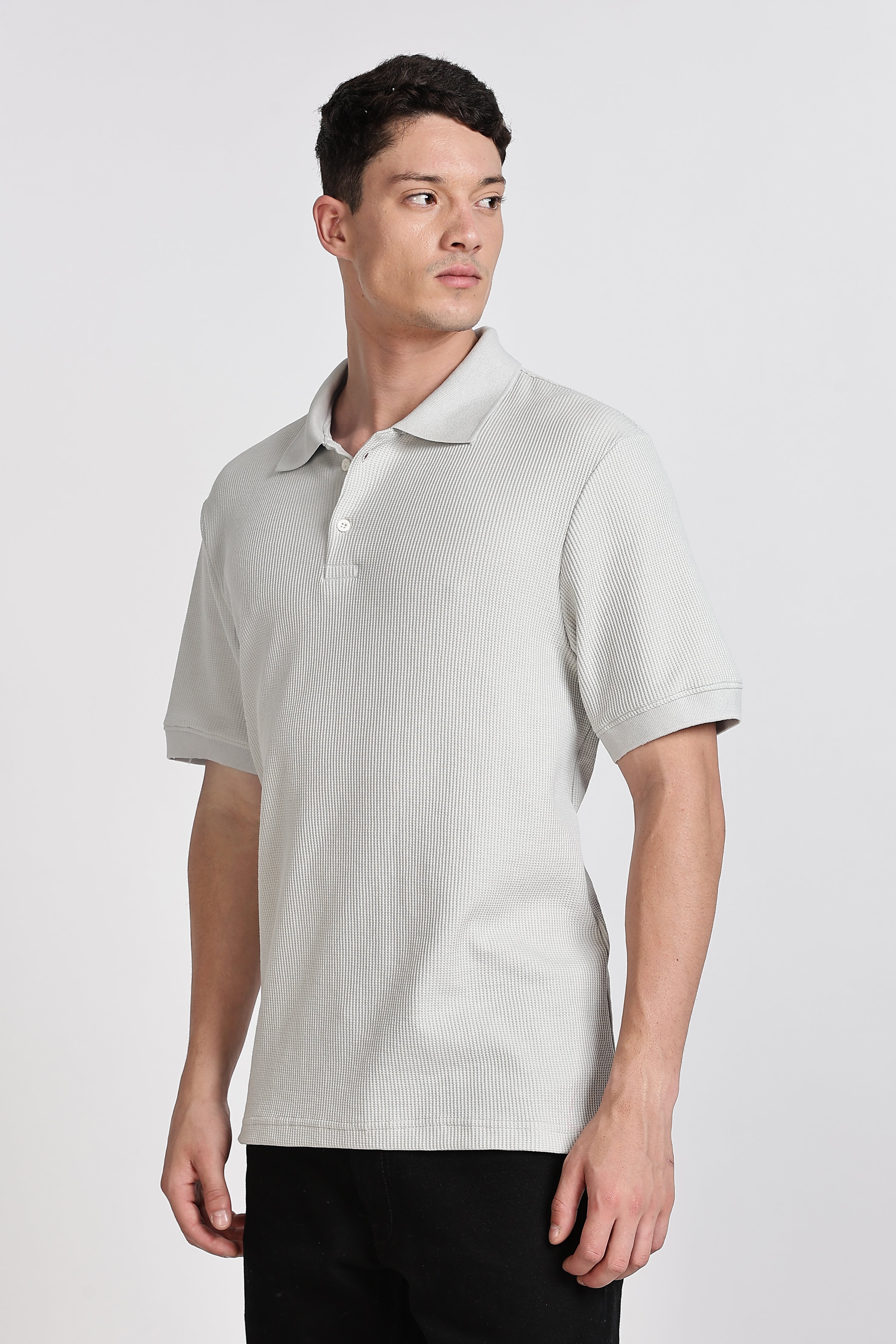 GREY REGULAR FIT WAFFLED POLO SHIRT