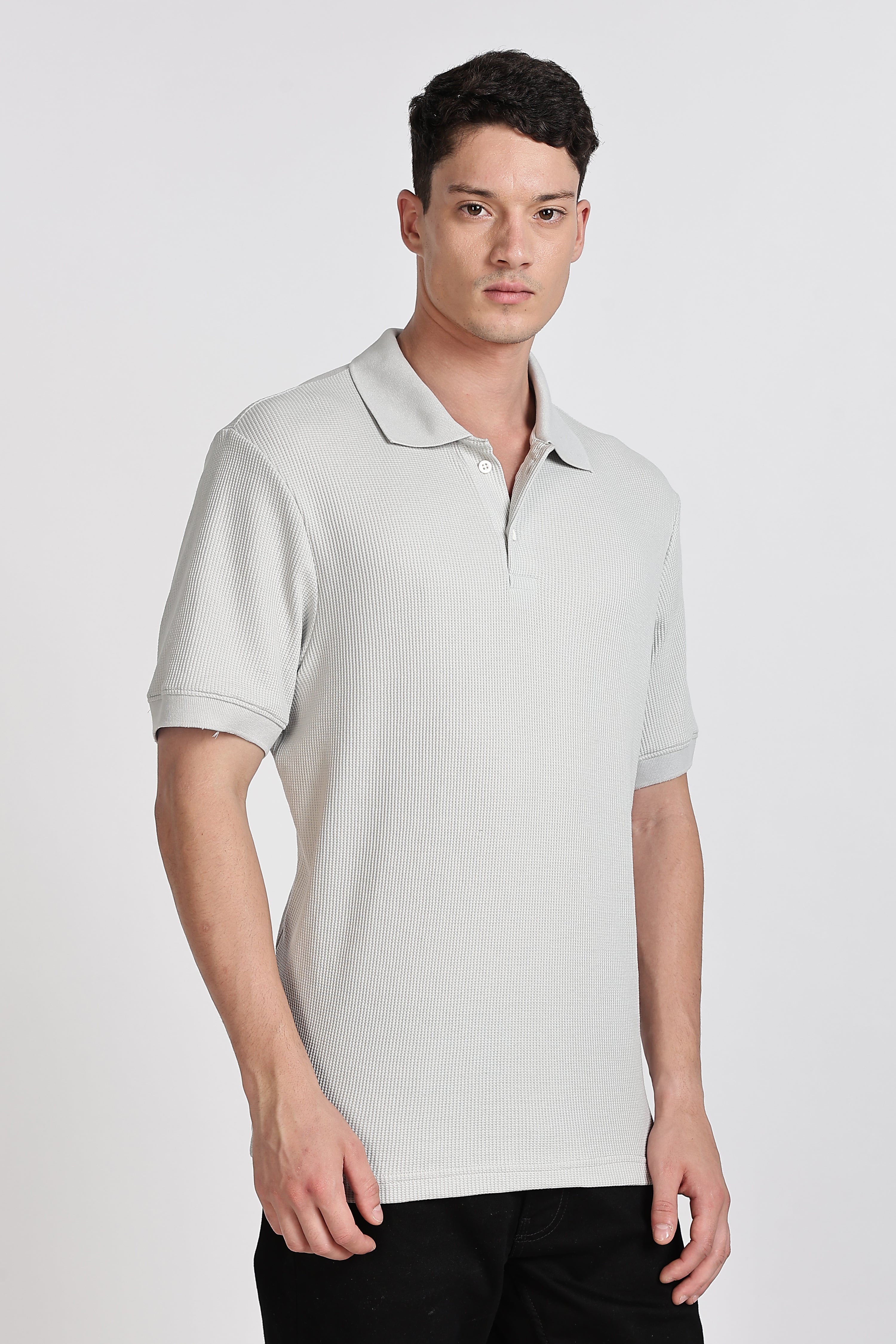 GREY REGULAR FIT WAFFLED POLO SHIRT