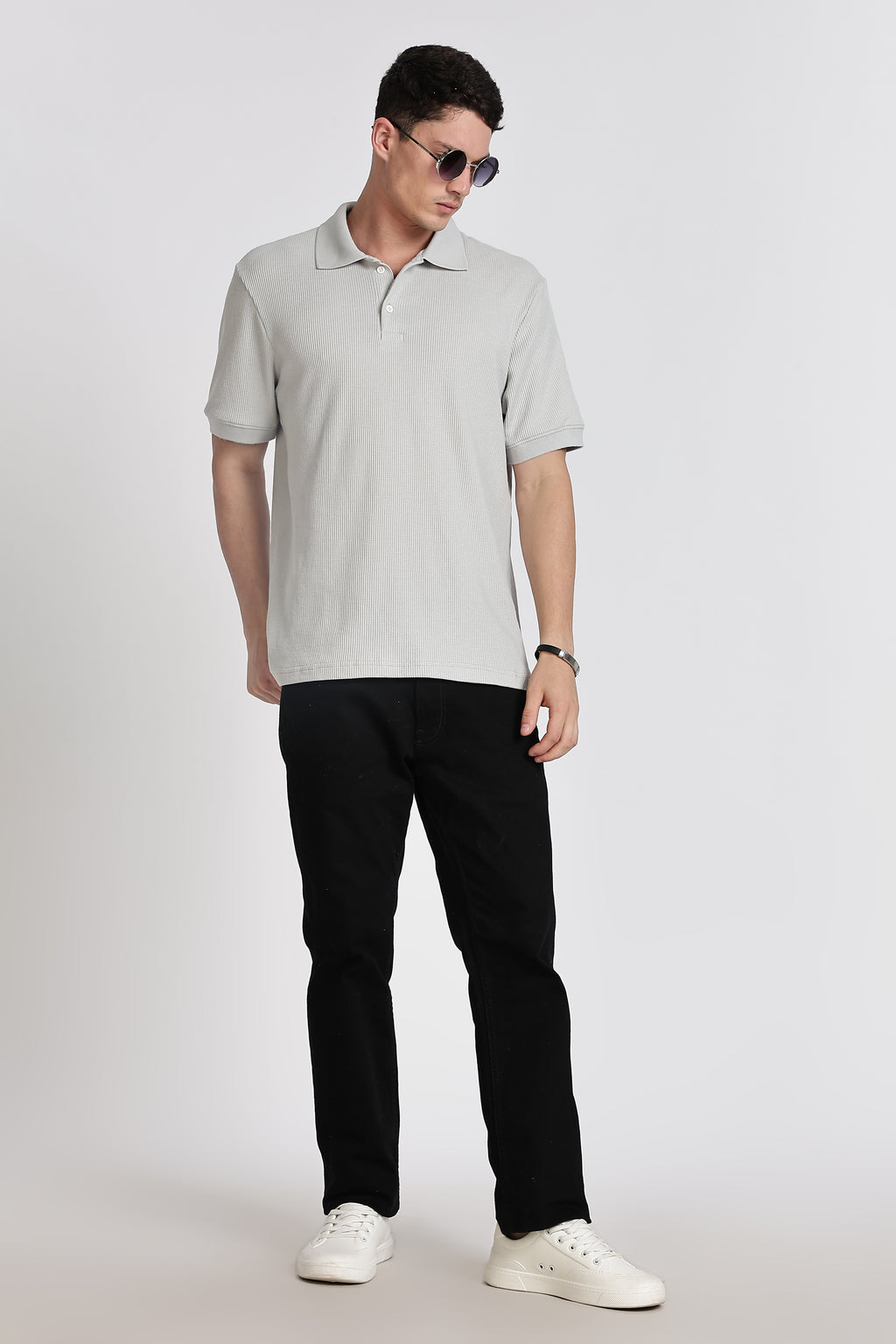 GREY REGULAR FIT WAFFLED POLO SHIRT