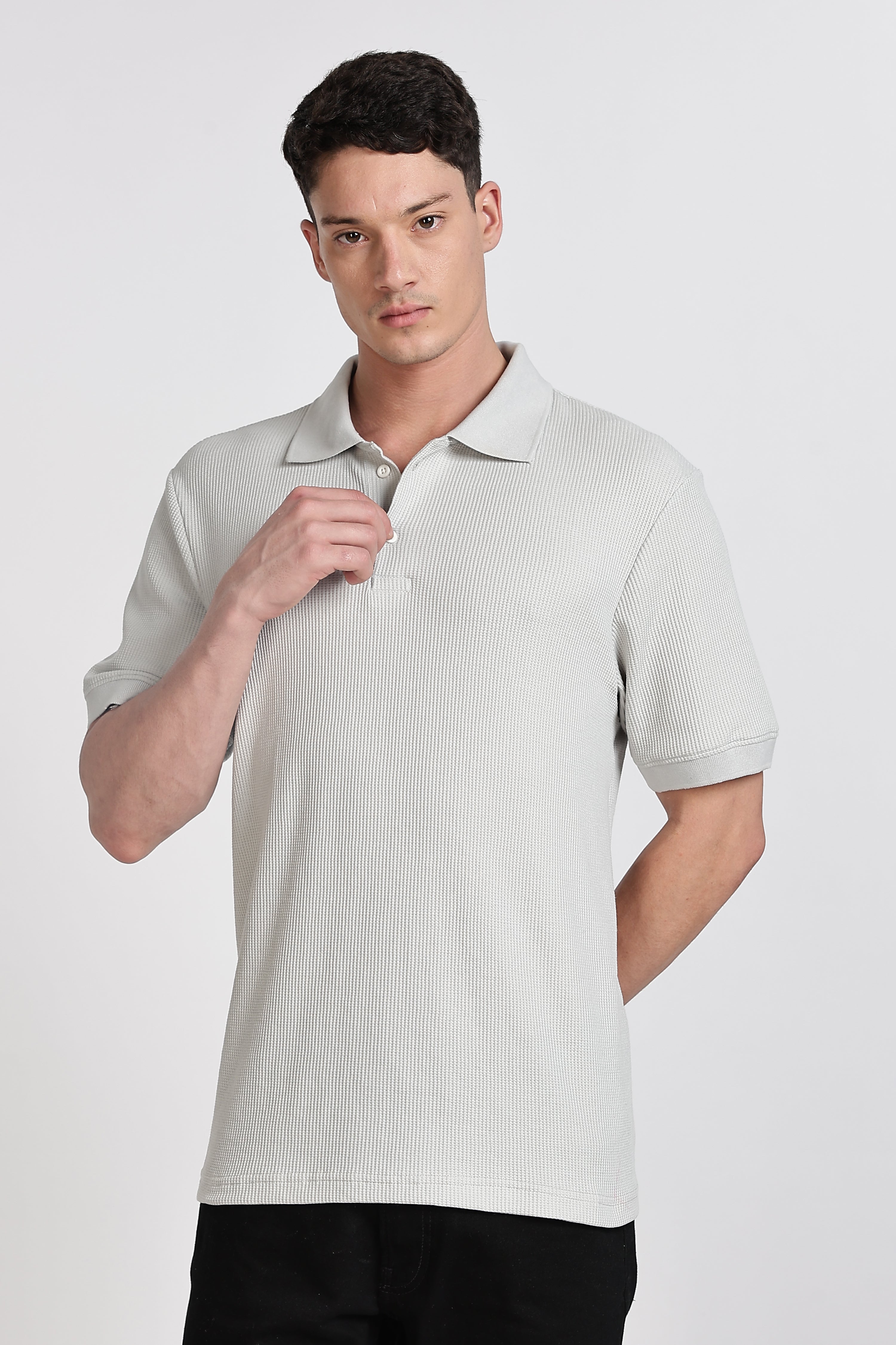 GREY REGULAR FIT WAFFLED POLO SHIRT