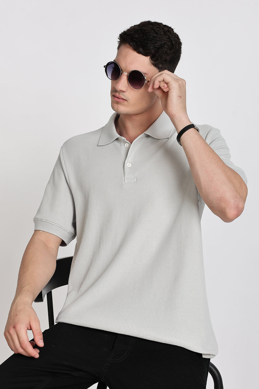 GREY REGULAR FIT WAFFLED POLO SHIRT