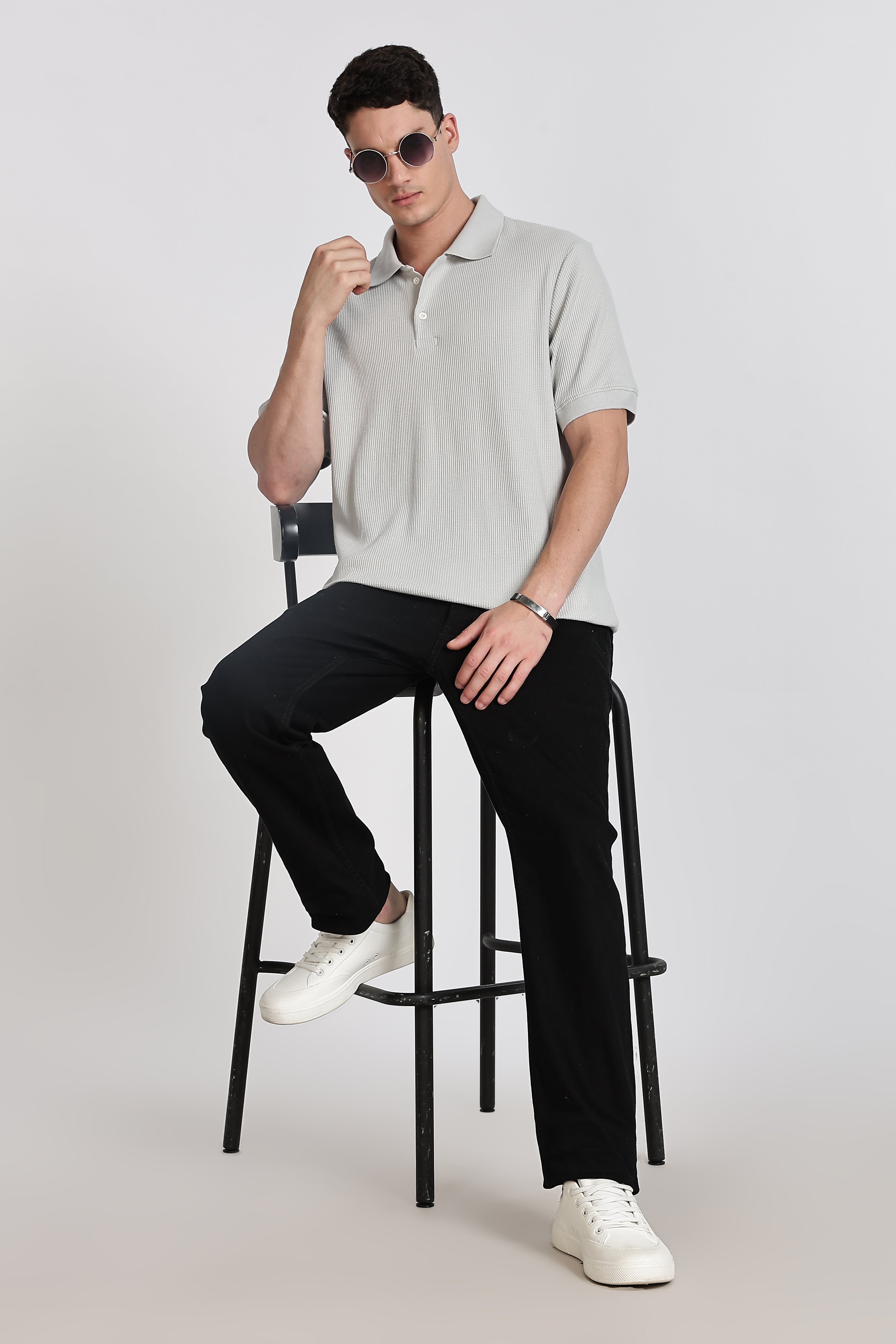 GREY REGULAR FIT WAFFLED POLO SHIRT